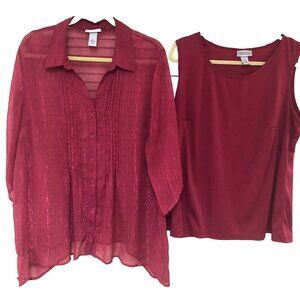 Catherines Pintuck Blouse Tank Set Women 1X 18 20W Sheer Metallic Raspberry